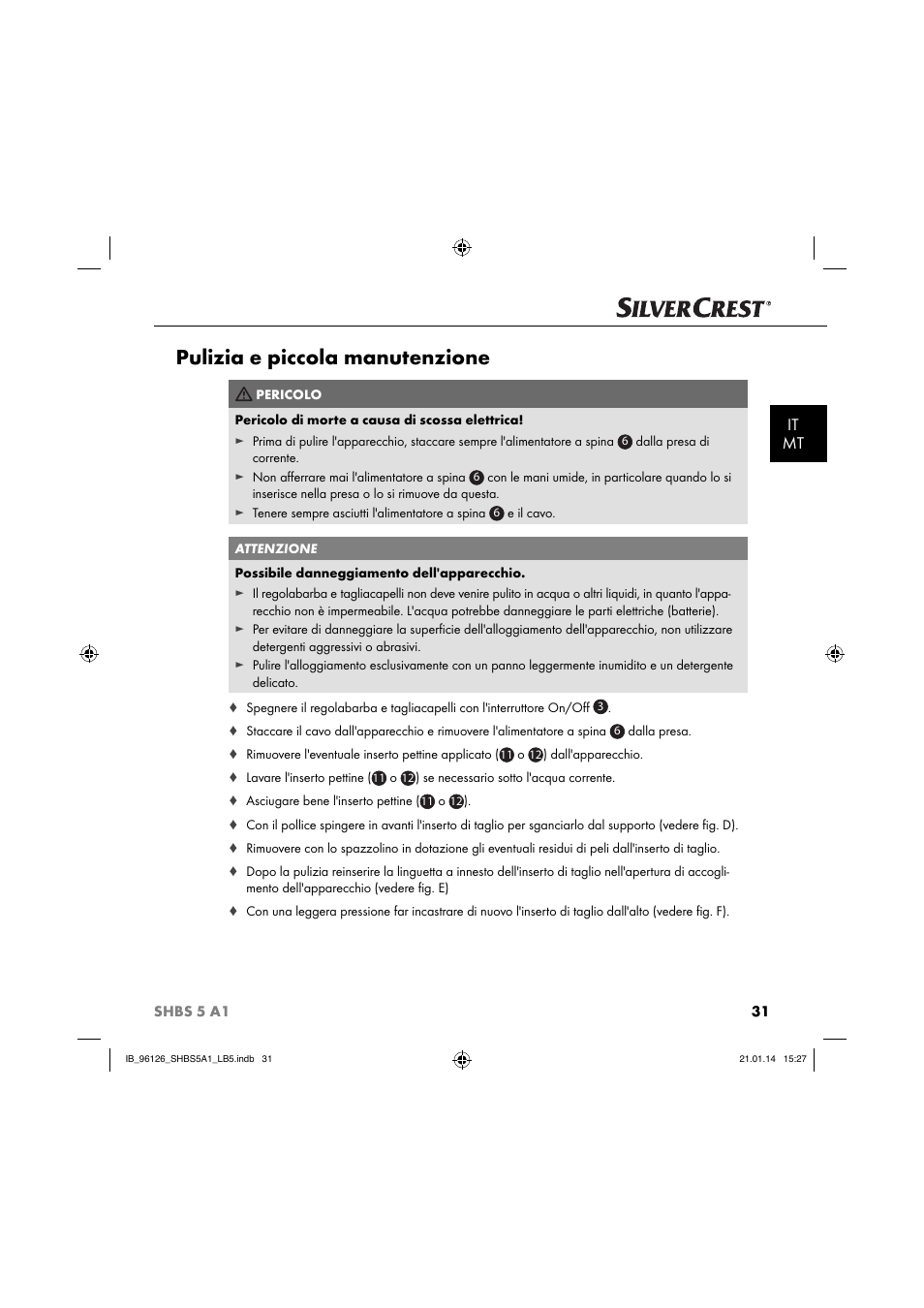 Pulizia e piccola manutenzione, It mt | Silvercrest SHBS 5 A1 User Manual | Page 34 / 94