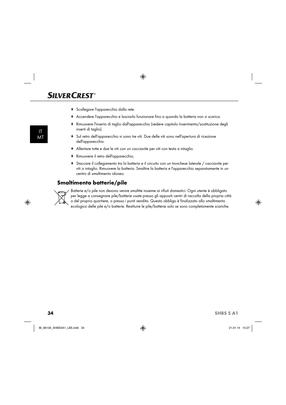 Smaltimento batterie/pile, It mt | Silvercrest SHBS 5 A1 User Manual | Page 37 / 94