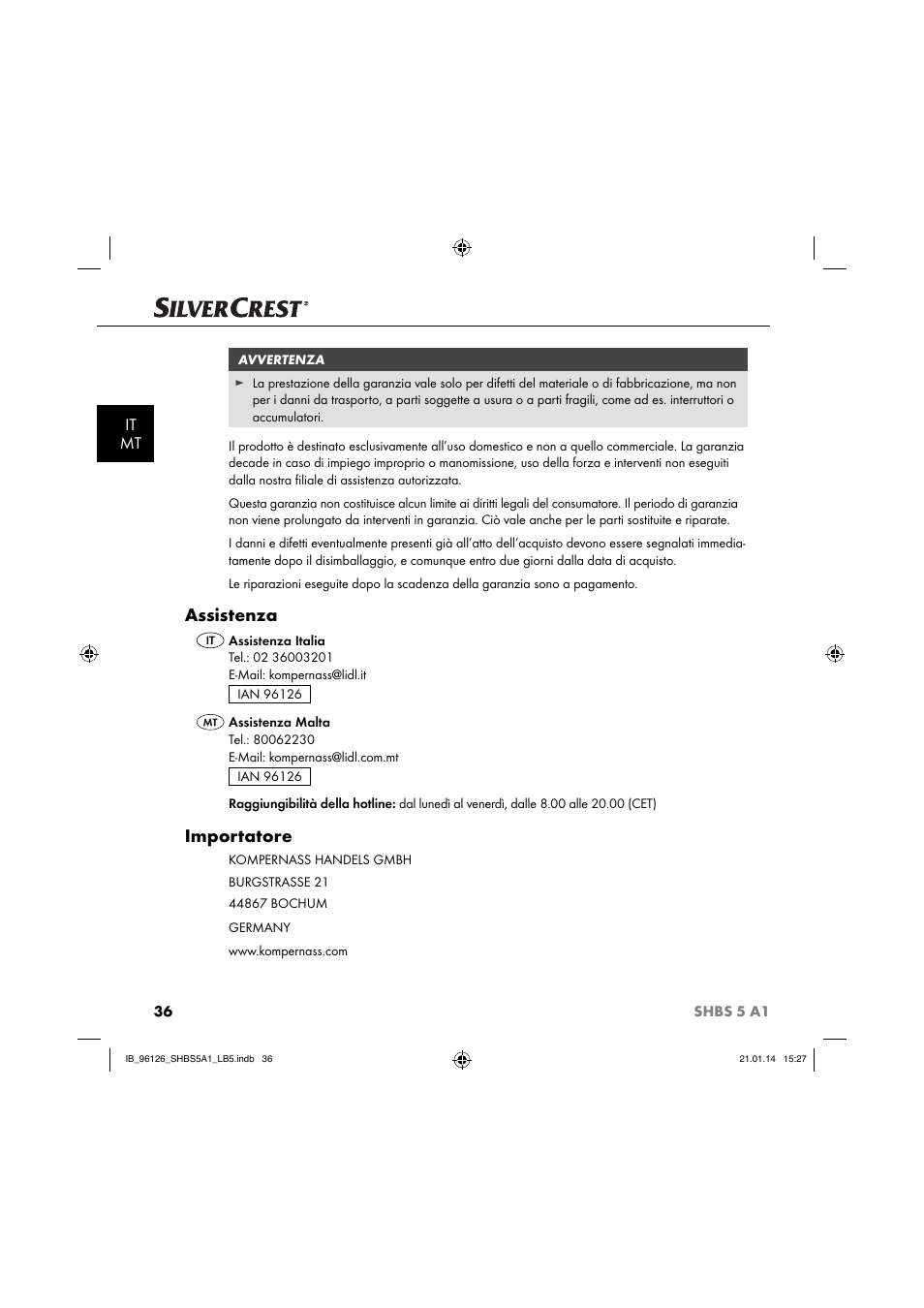 Assistenza, Importatore, It mt | Silvercrest SHBS 5 A1 User Manual | Page 39 / 94
