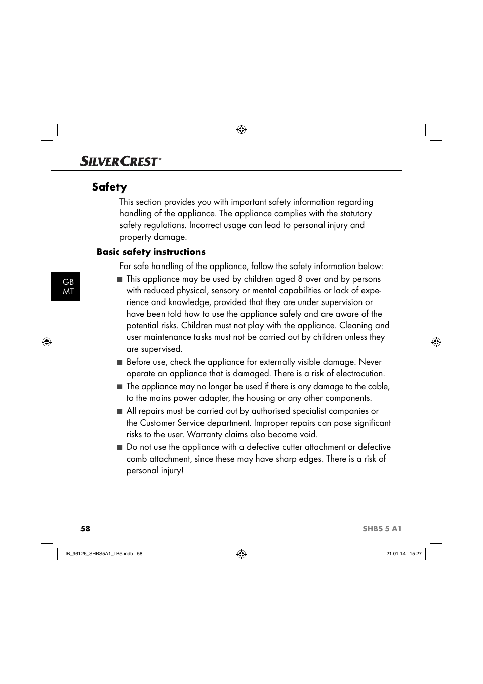 Safety | Silvercrest SHBS 5 A1 User Manual | Page 61 / 94