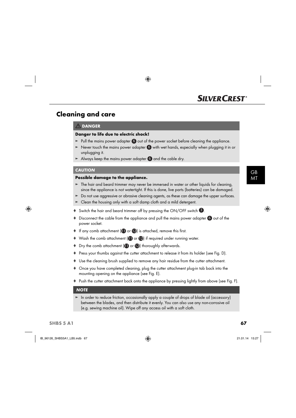Cleaning and care, Gb mt | Silvercrest SHBS 5 A1 User Manual | Page 70 / 94