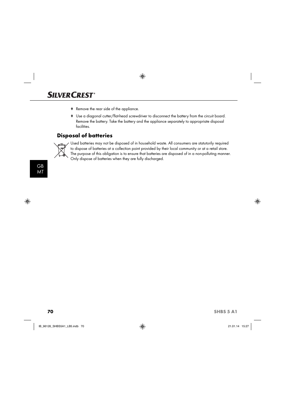 Disposal of batteries, Gb mt | Silvercrest SHBS 5 A1 User Manual | Page 73 / 94