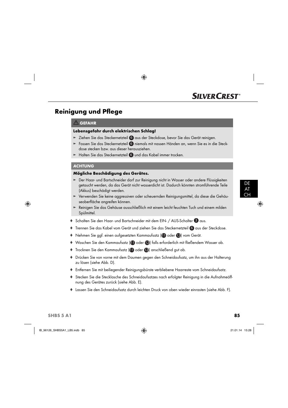 Reinigung und pﬂ ege, De at ch | Silvercrest SHBS 5 A1 User Manual | Page 88 / 94