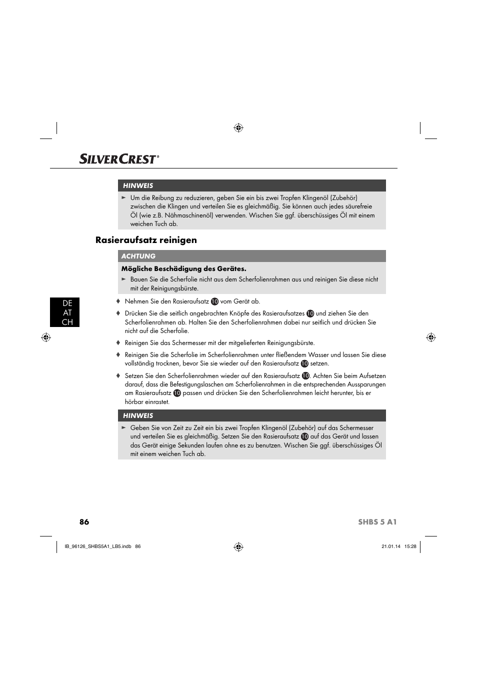 Rasieraufsatz reinigen, De at ch | Silvercrest SHBS 5 A1 User Manual | Page 89 / 94