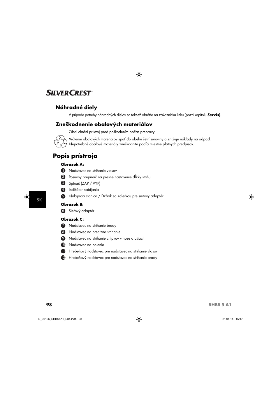 Popis prístroja, Náhradné diely, Zneškodnenie obalových materiálov | Silvercrest SHBS 5 A1 User Manual | Page 101 / 130