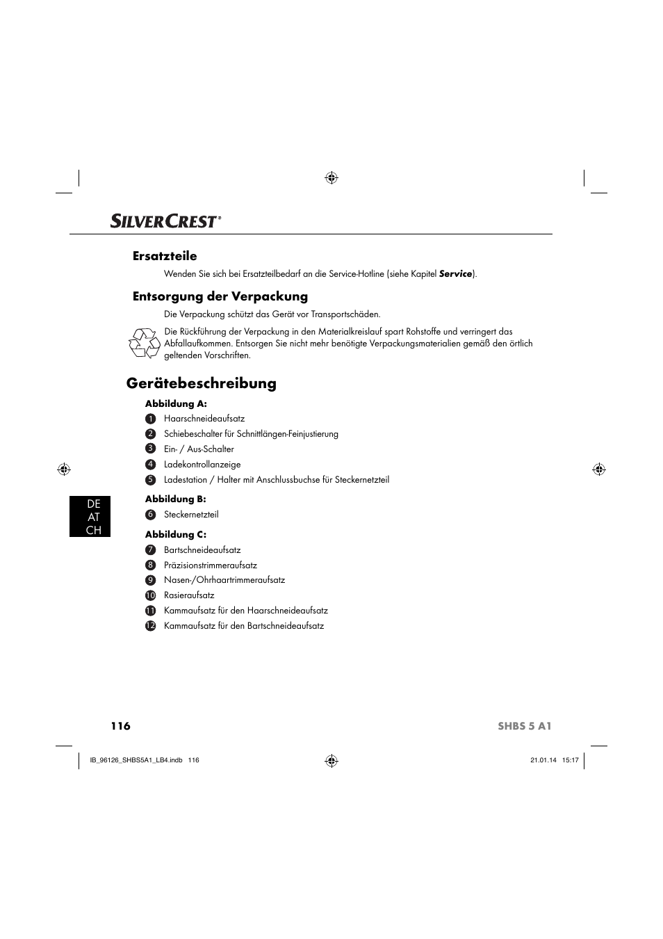 Gerätebeschreibung, Ersatzteile, Entsorgung der verpackung | De at ch | Silvercrest SHBS 5 A1 User Manual | Page 119 / 130