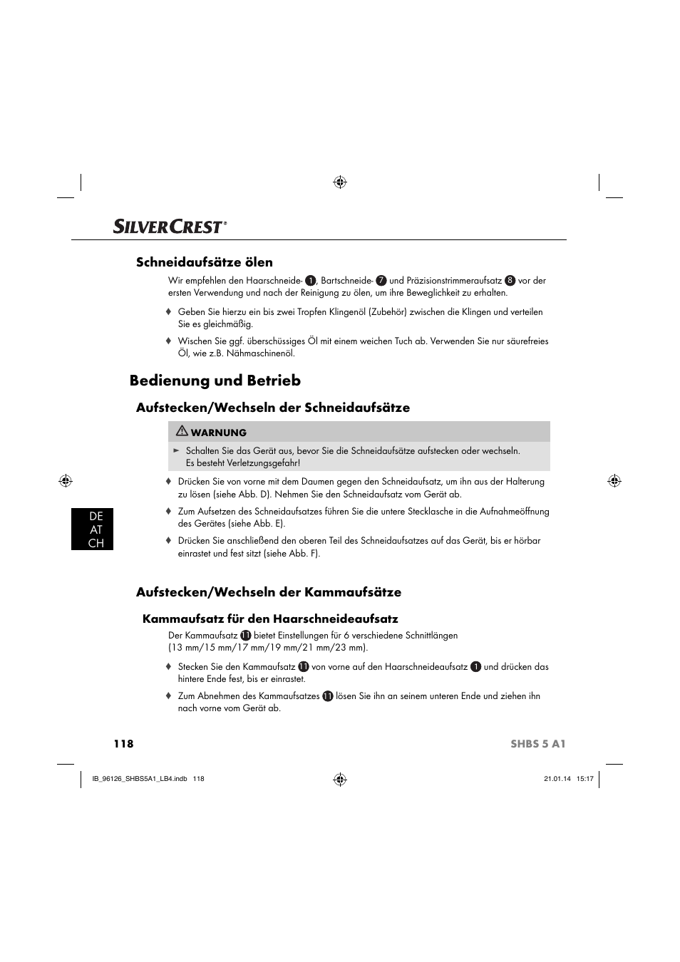 Bedienung und betrieb, Schneidaufsätze ölen, Aufstecken/wechseln der schneidaufsätze | Aufstecken/wechseln der kammaufsätze, De at ch, Kammaufsatz für den haarschneideaufsatz | Silvercrest SHBS 5 A1 User Manual | Page 121 / 130
