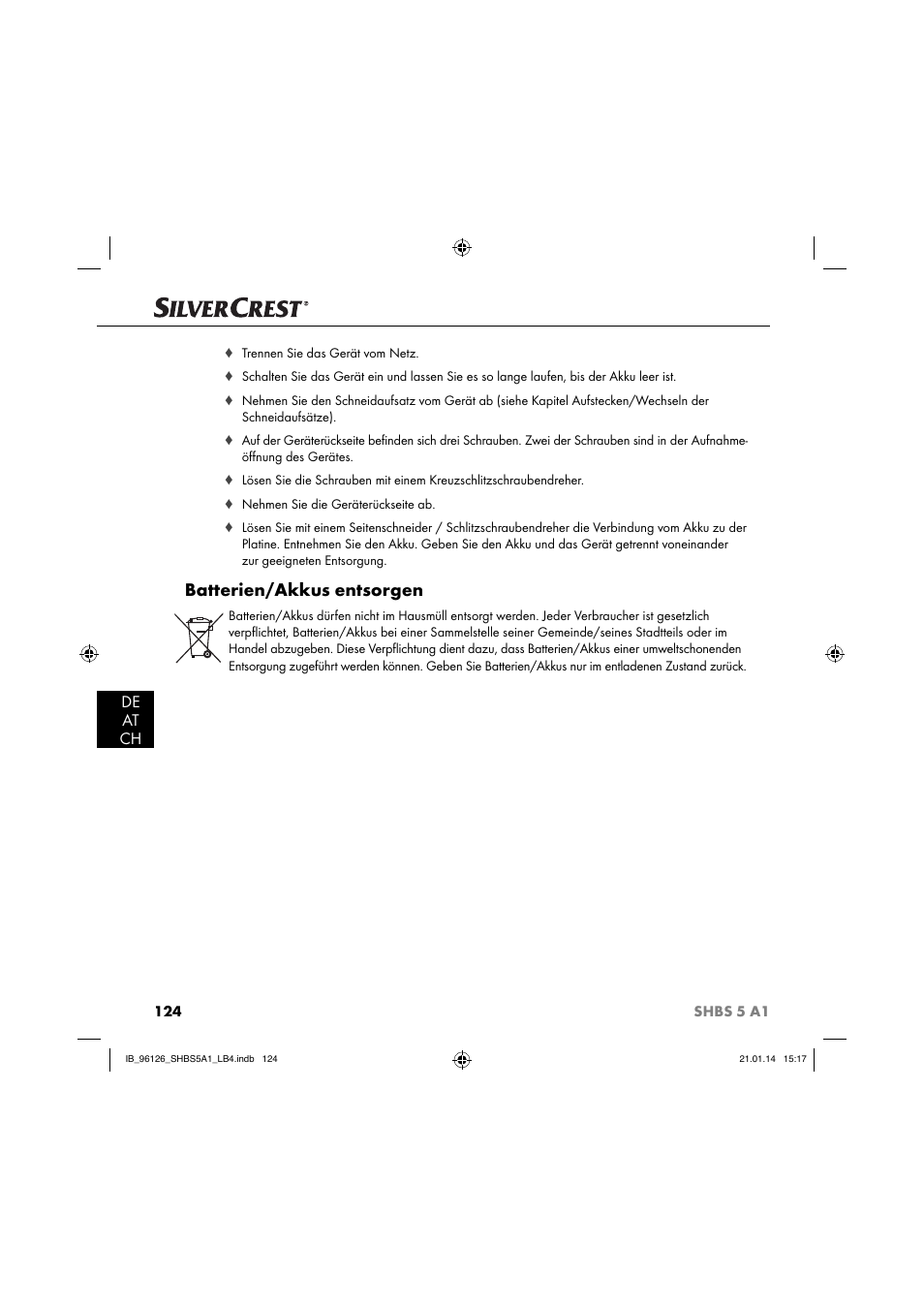 Batterien/akkus entsorgen, De at ch | Silvercrest SHBS 5 A1 User Manual | Page 127 / 130