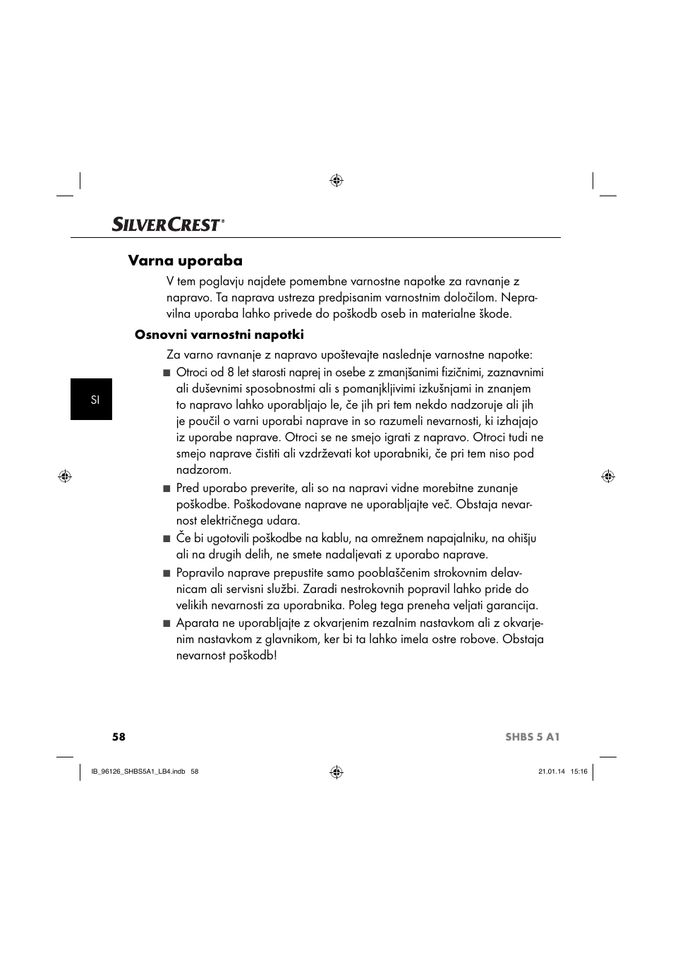 Varna uporaba | Silvercrest SHBS 5 A1 User Manual | Page 61 / 130