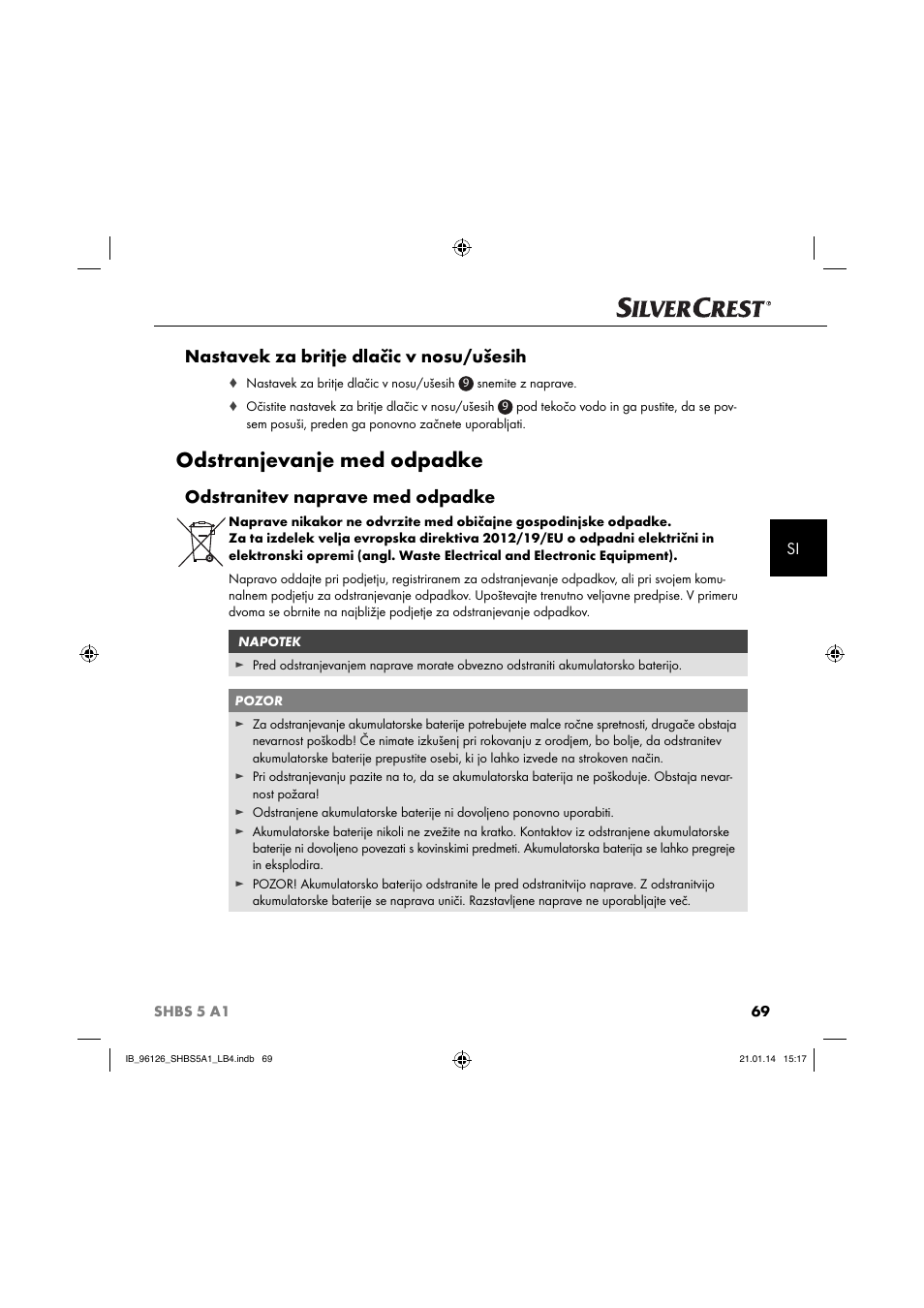 Odstranjevanje med odpadke, Nastavek za britje dlačic v nosu/ušesih, Odstranitev naprave med odpadke | Silvercrest SHBS 5 A1 User Manual | Page 72 / 130