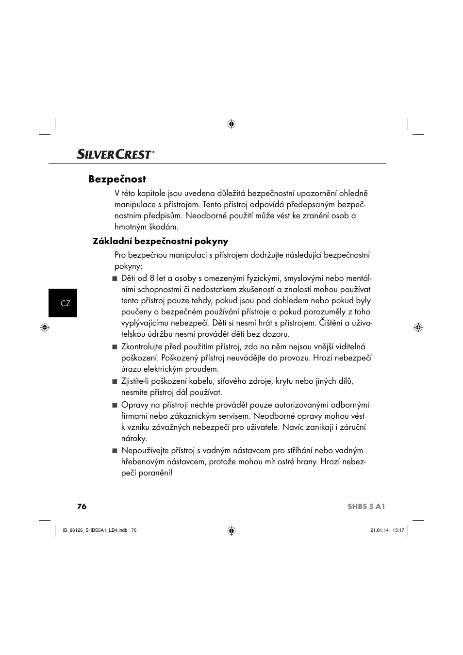 Bezpečnost | Silvercrest SHBS 5 A1 User Manual | Page 79 / 130