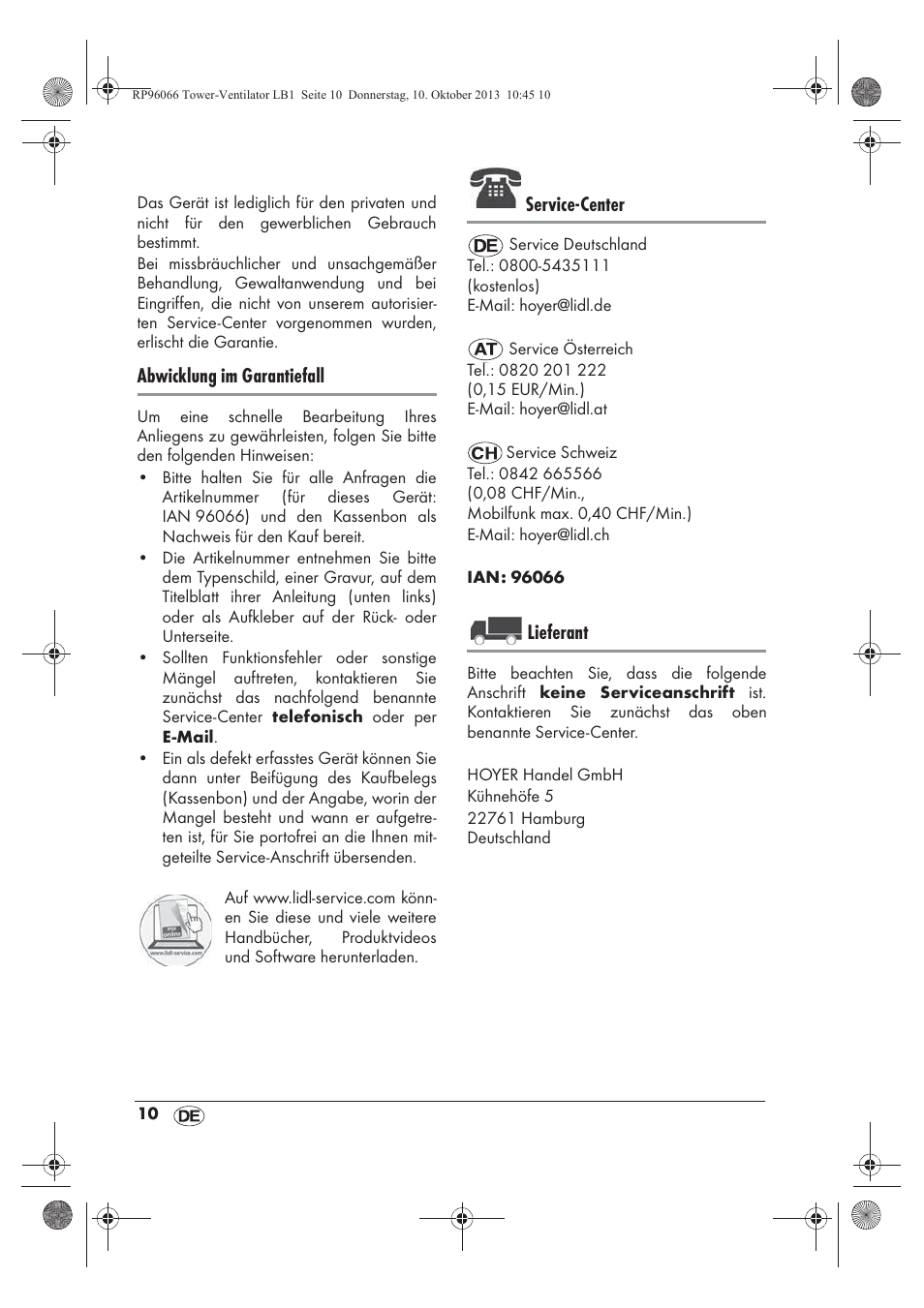 Abwicklung im garantiefall, Service-center, Lieferant | Silvercrest STV 45 C2 User Manual | Page 12 / 46