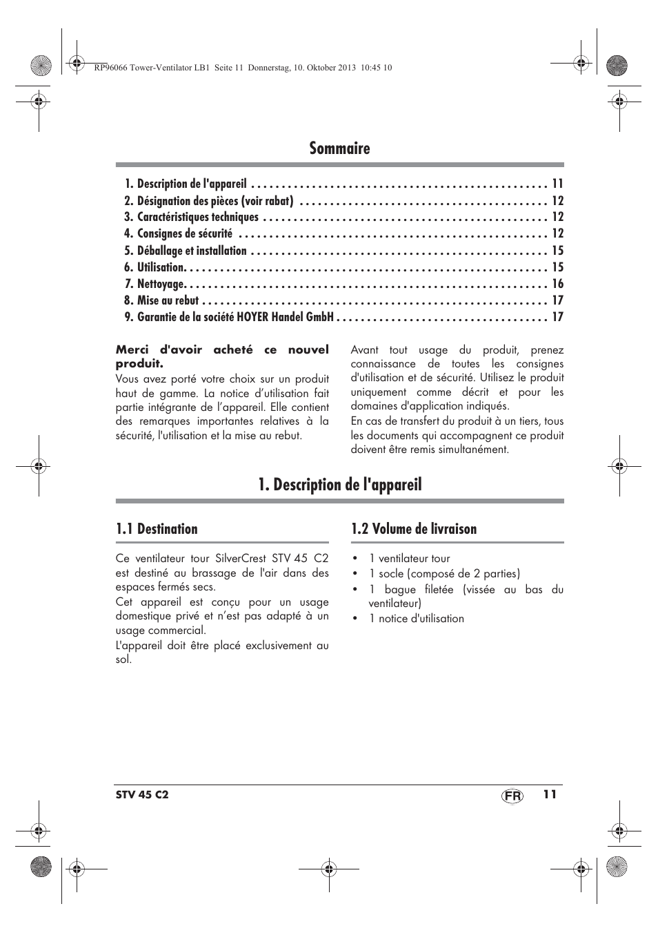 Sommaire, Description de l'appareil | Silvercrest STV 45 C2 User Manual | Page 13 / 46