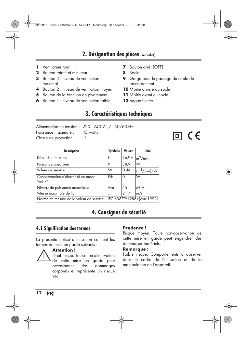 Désignation des pièces, Caractéristiques techniques, Consignes de sécurité | 1 signification des termes | Silvercrest STV 45 C2 User Manual | Page 14 / 46
