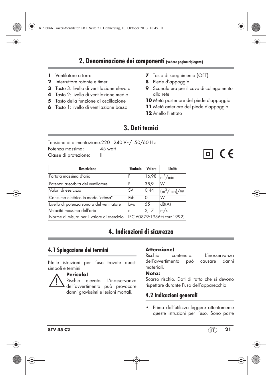 Denominazione dei componenti, Dati tecnici, Indicazioni di sicurezza | 1 spiegazione dei termini, 2 indicazioni generali | Silvercrest STV 45 C2 User Manual | Page 23 / 46