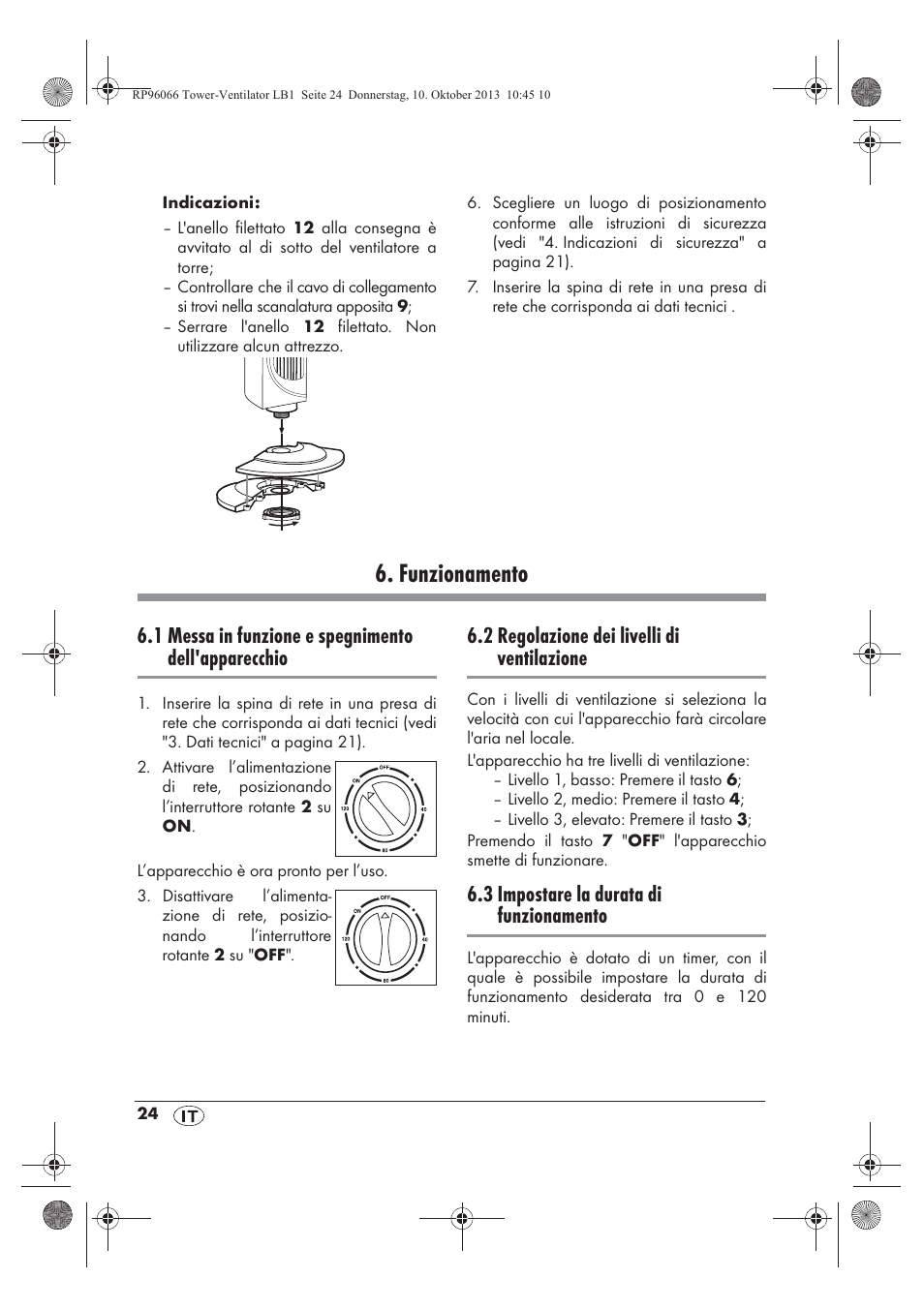 Funzionamento, 1 messa in funzione e spegnimento dell'apparecchio, 2 regolazione dei livelli di ventilazione | 3 impostare la durata di funzionamento | Silvercrest STV 45 C2 User Manual | Page 26 / 46