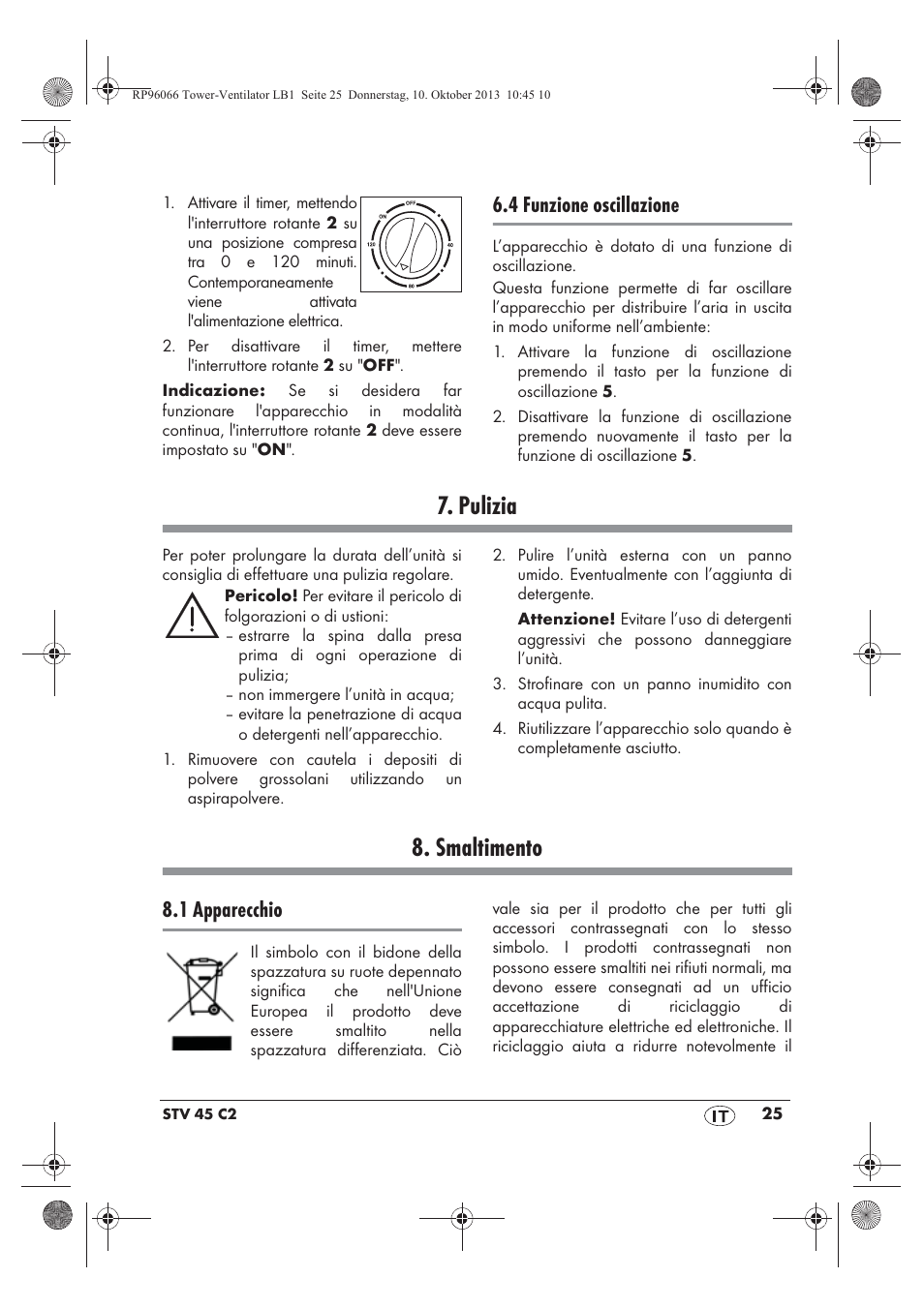 Pulizia, Smaltimento, 4 funzione oscillazione | 1 apparecchio | Silvercrest STV 45 C2 User Manual | Page 27 / 46