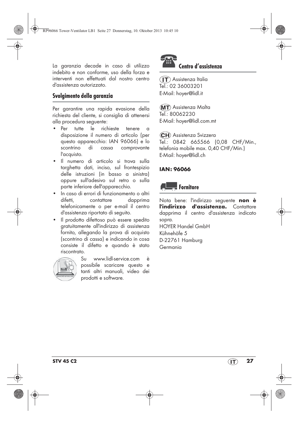 Svolgimento della garanzia, Centro d’assistenza, Fornitore | Silvercrest STV 45 C2 User Manual | Page 29 / 46