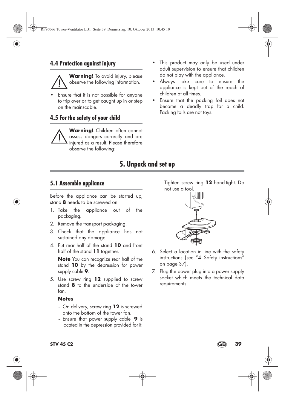Unpack and set up, 4 protection against injury, 5 for the safety of your child | 1 assemble appliance | Silvercrest STV 45 C2 User Manual | Page 41 / 46