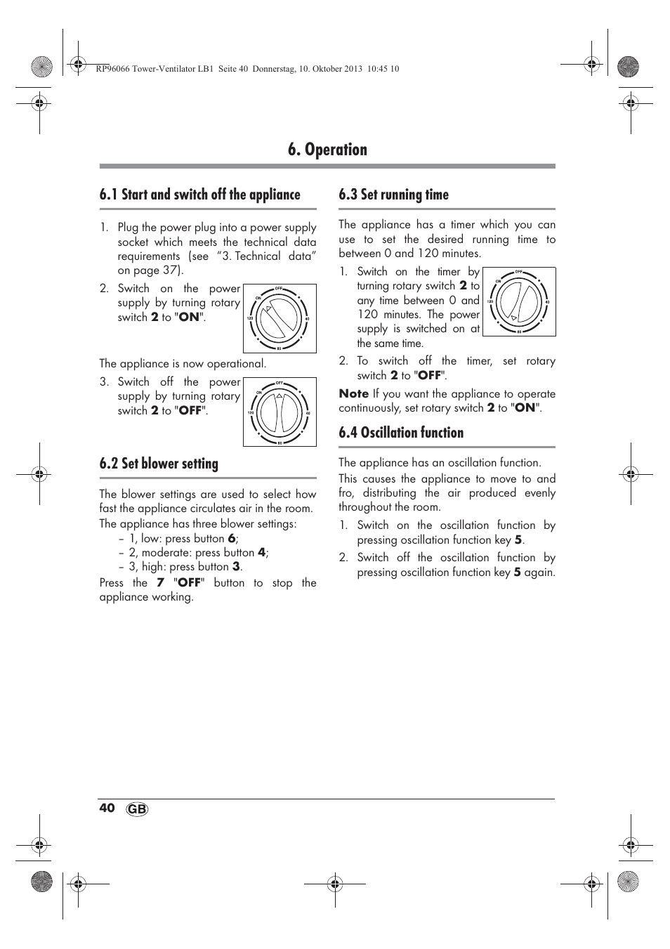 Operation, 1 start and switch off the appliance, 2 set blower setting | 3 set running time, 4 oscillation function | Silvercrest STV 45 C2 User Manual | Page 42 / 46