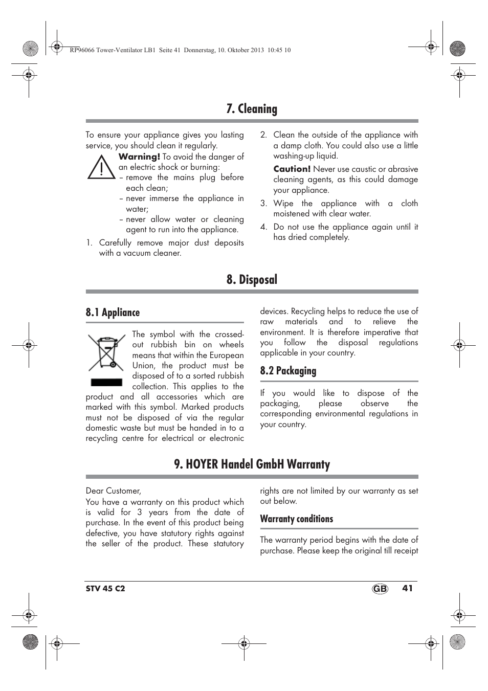 Cleaning, Disposal, Hoyer handel gmbh warranty | 1 appliance, 2 packaging | Silvercrest STV 45 C2 User Manual | Page 43 / 46