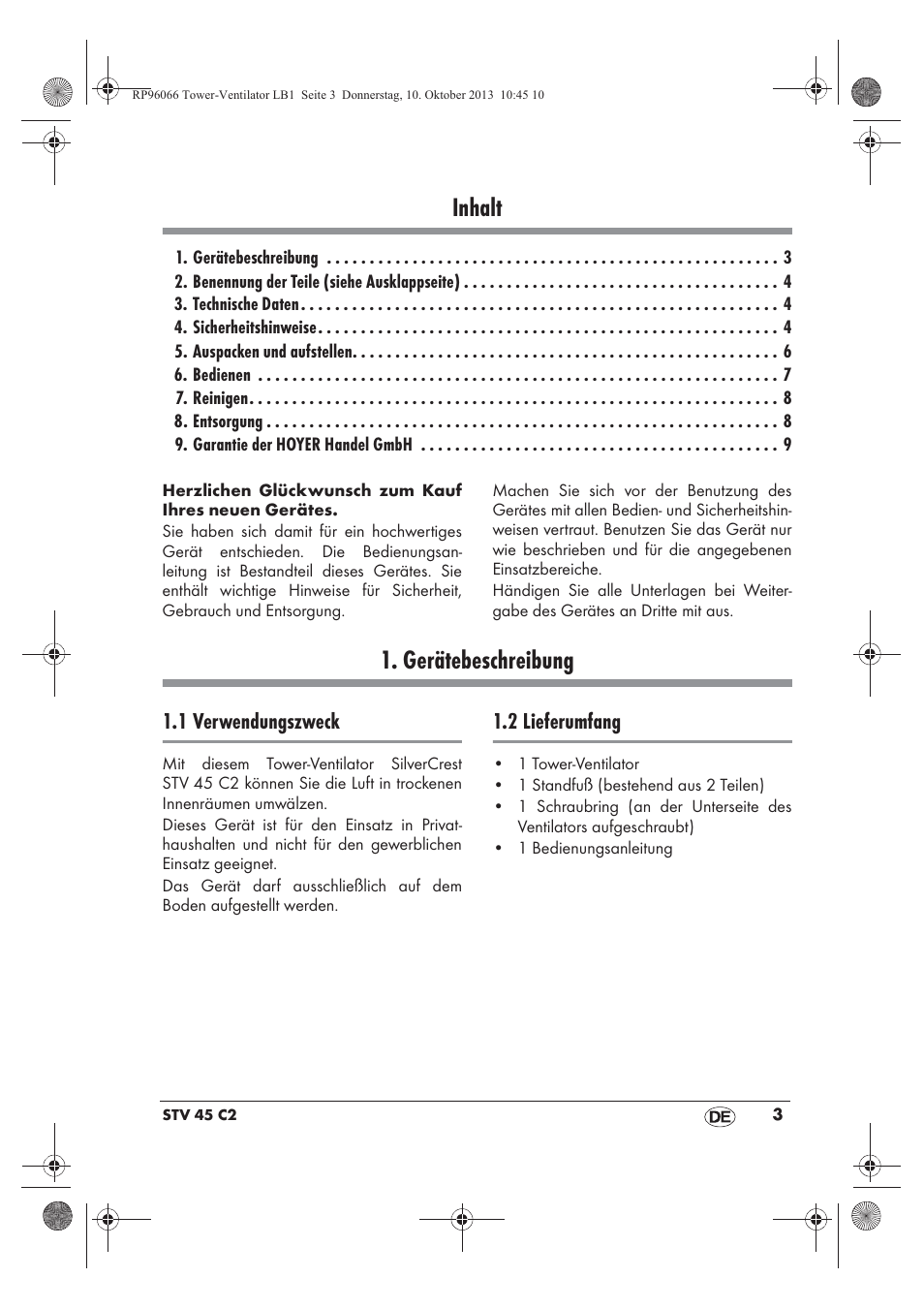 Inhalt, Gerätebeschreibung | Silvercrest STV 45 C2 User Manual | Page 5 / 46