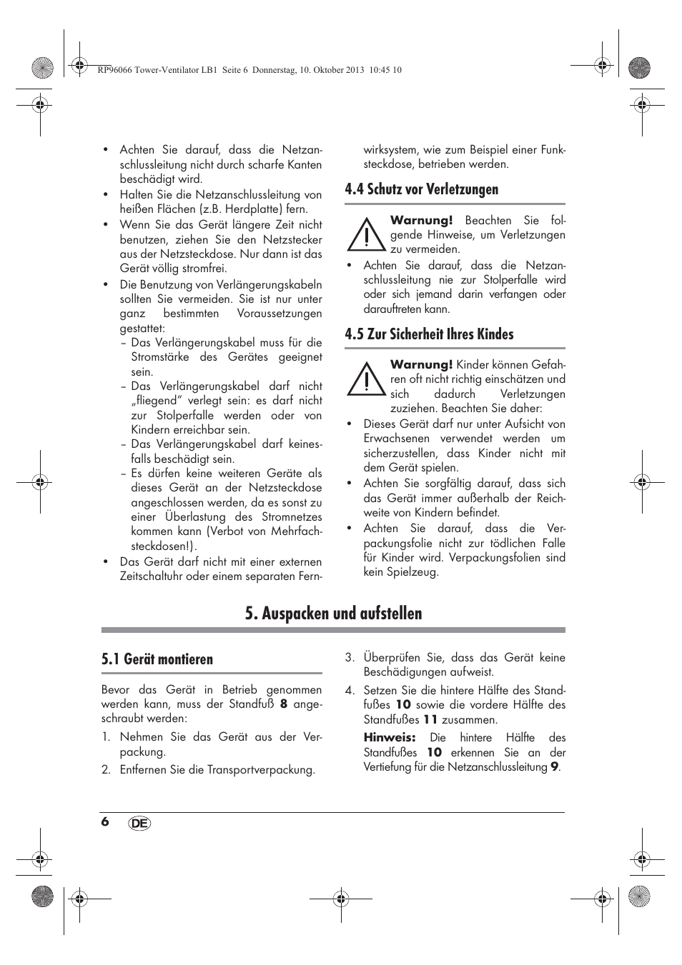 Auspacken und aufstellen, 4 schutz vor verletzungen, 5 zur sicherheit ihres kindes | 1 gerät montieren | Silvercrest STV 45 C2 User Manual | Page 8 / 46