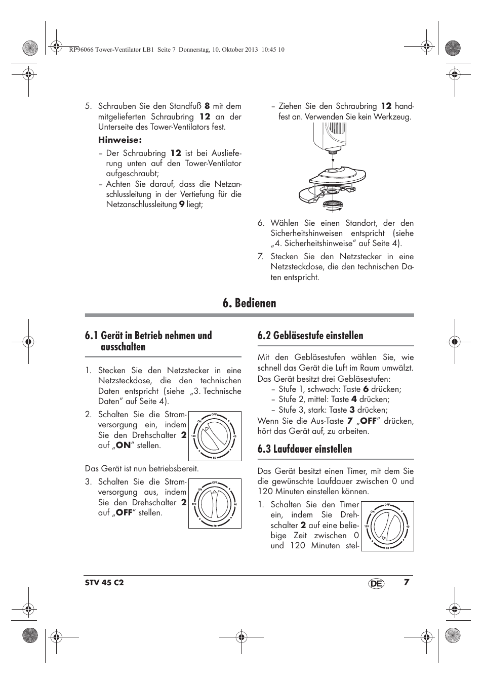 Bedienen, 1 gerät in betrieb nehmen und ausschalten, 2 gebläsestufe einstellen | 3 laufdauer einstellen | Silvercrest STV 45 C2 User Manual | Page 9 / 46