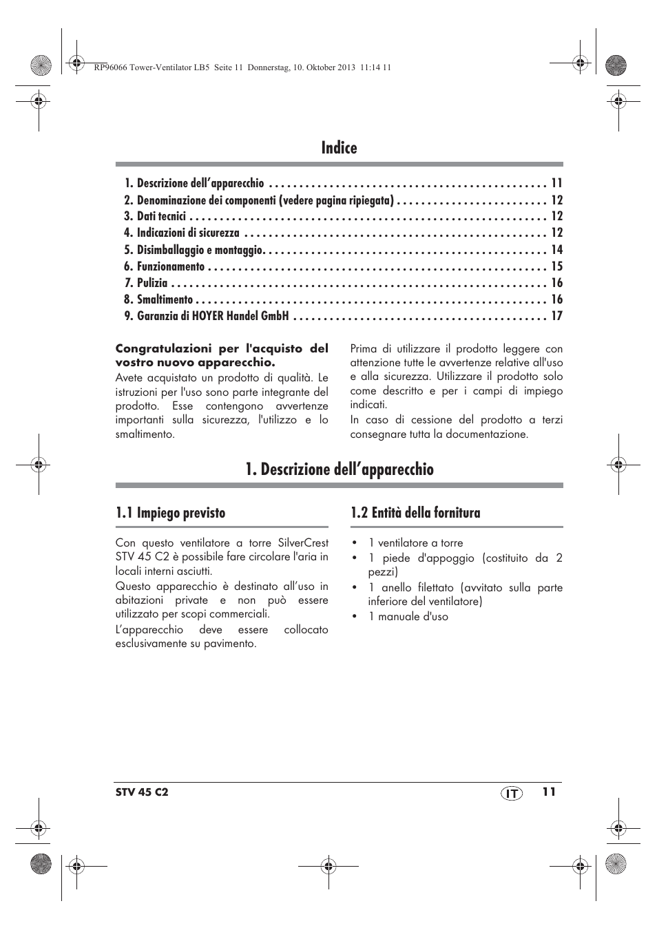 Indice, Descrizione dell’apparecchio, 1 impiego previsto | 2 entità della fornitura | Silvercrest STV 45 C2 User Manual | Page 13 / 46