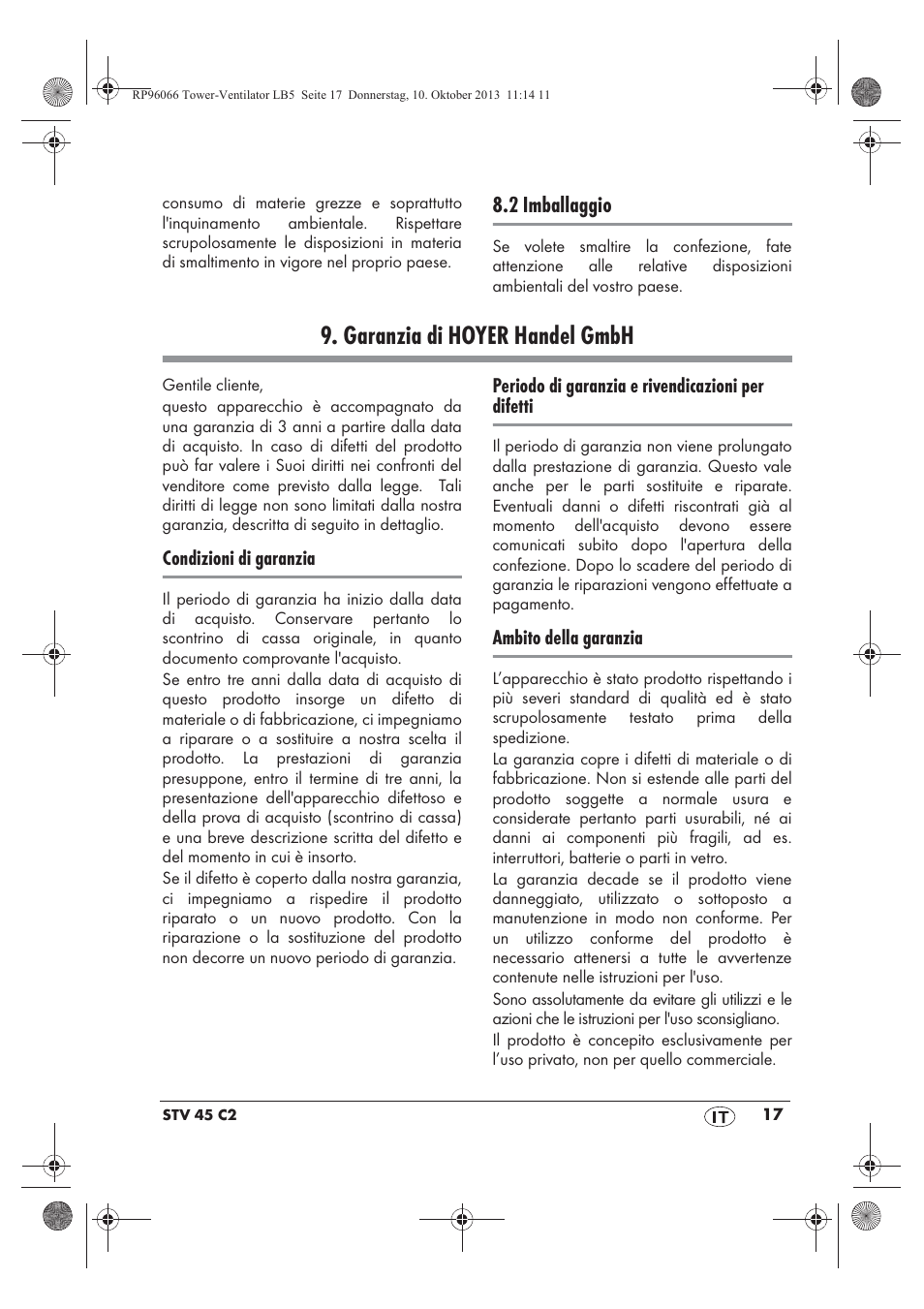 Garanzia di hoyer handel gmbh, 2 imballaggio | Silvercrest STV 45 C2 User Manual | Page 19 / 46