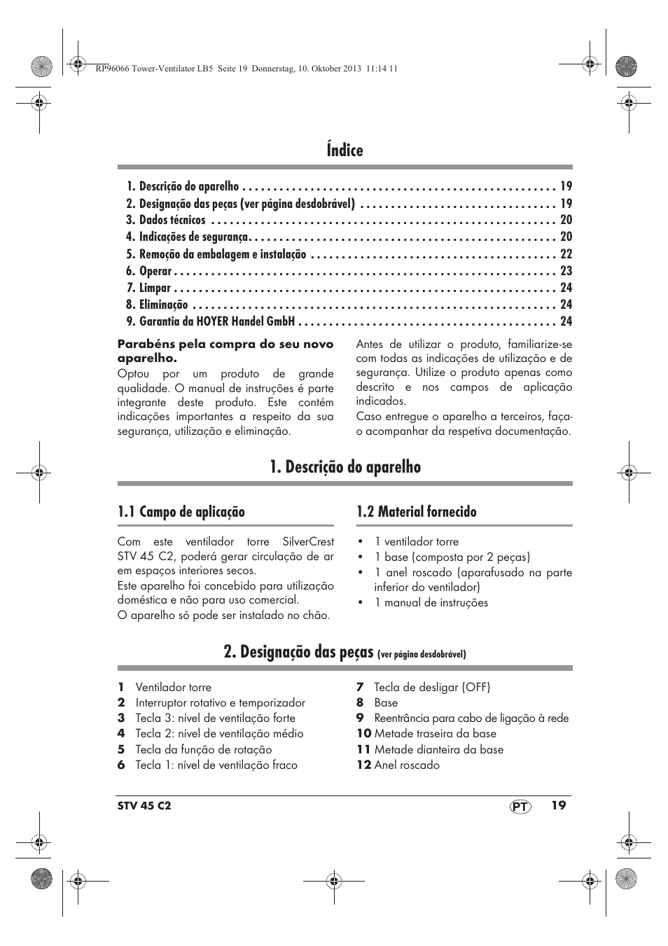 Índice, Descrição do aparelho, Designação das peças | Silvercrest STV 45 C2 User Manual | Page 21 / 46