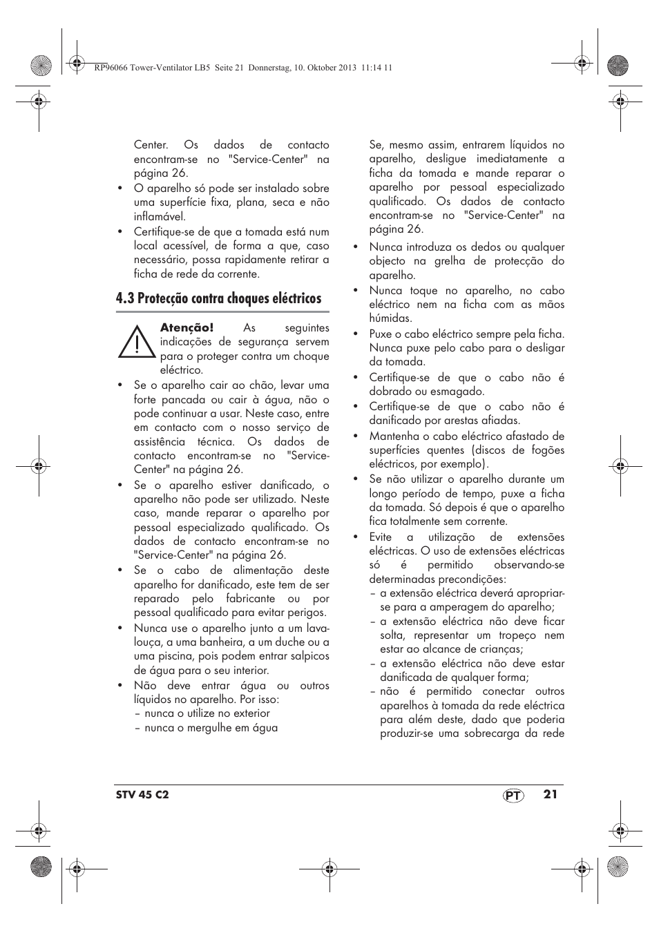 3 protecção contra choques eléctricos | Silvercrest STV 45 C2 User Manual | Page 23 / 46