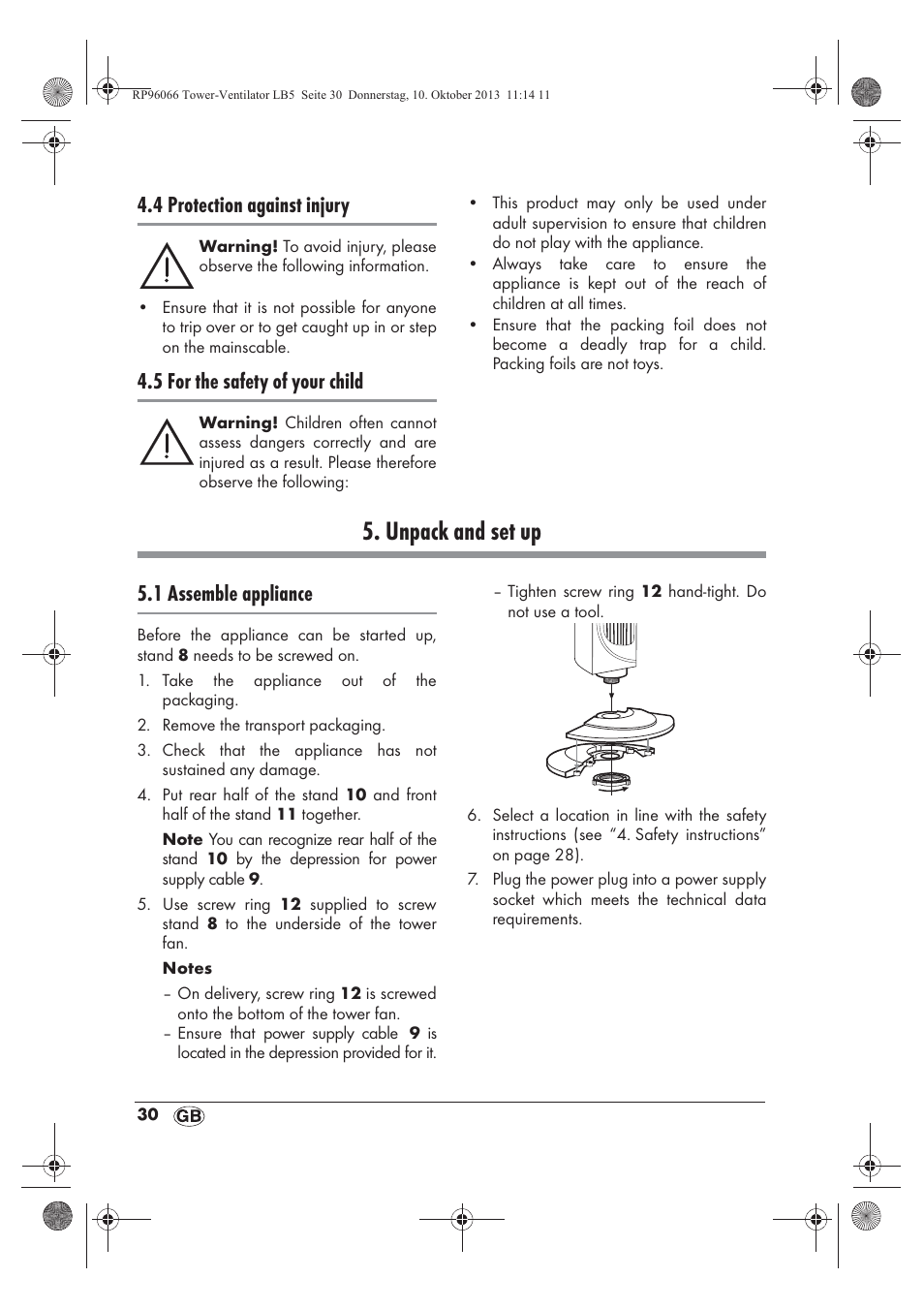 Unpack and set up, 4 protection against injury, 5 for the safety of your child | 1 assemble appliance | Silvercrest STV 45 C2 User Manual | Page 32 / 46