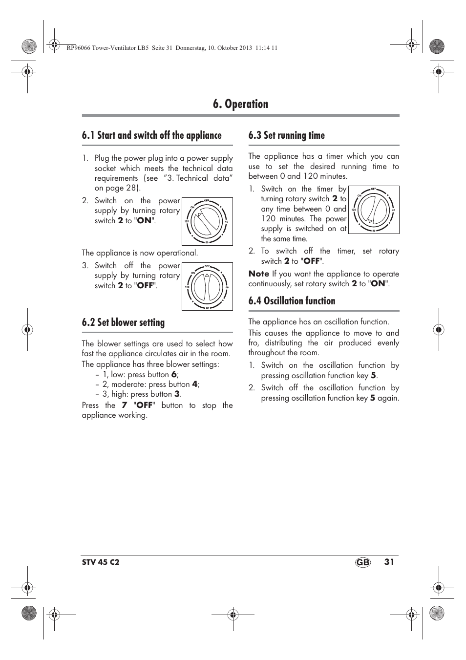 Operation, 1 start and switch off the appliance, 2 set blower setting | 3 set running time, 4 oscillation function | Silvercrest STV 45 C2 User Manual | Page 33 / 46