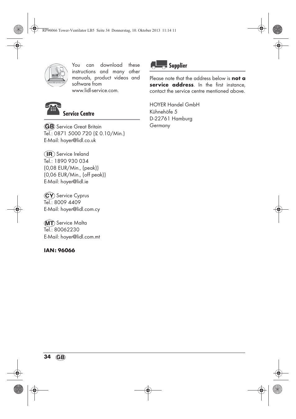 Service centre, Supplier | Silvercrest STV 45 C2 User Manual | Page 36 / 46