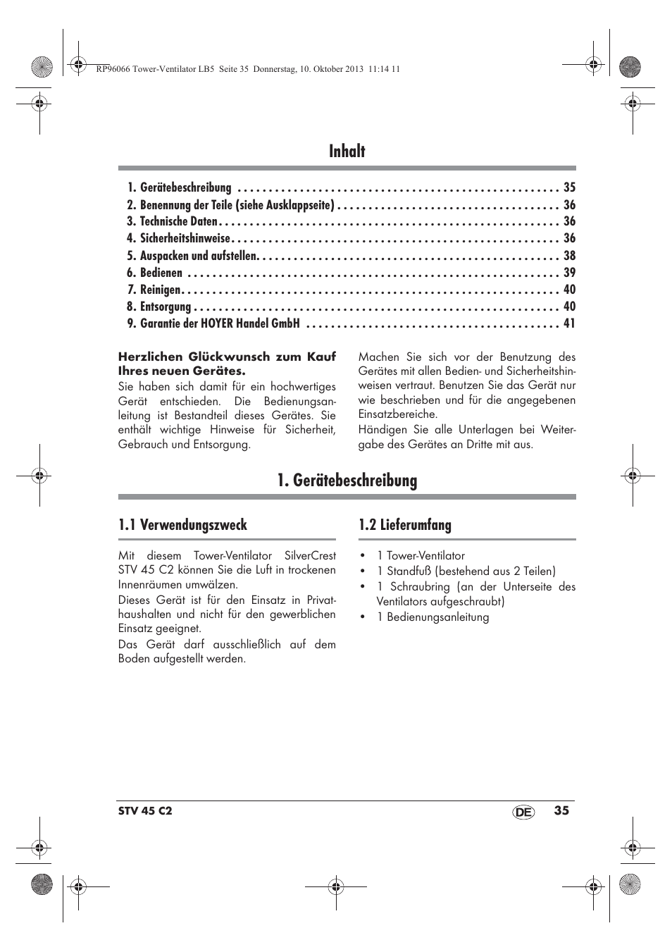 Inhalt, Gerätebeschreibung | Silvercrest STV 45 C2 User Manual | Page 37 / 46