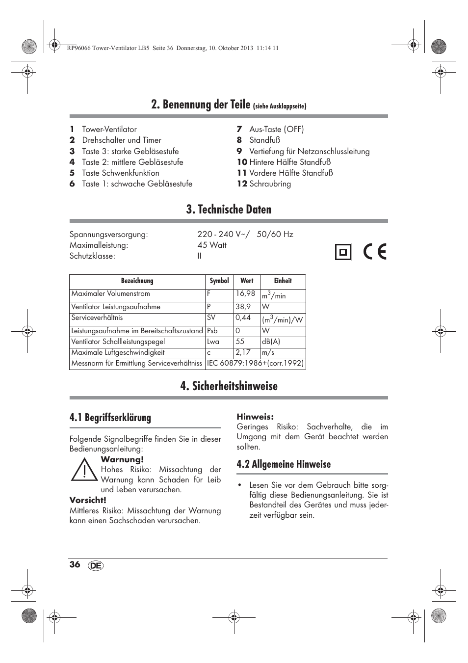 Benennung der teile, Technische daten, Sicherheitshinweise | 1 begriffserklärung, 2 allgemeine hinweise | Silvercrest STV 45 C2 User Manual | Page 38 / 46