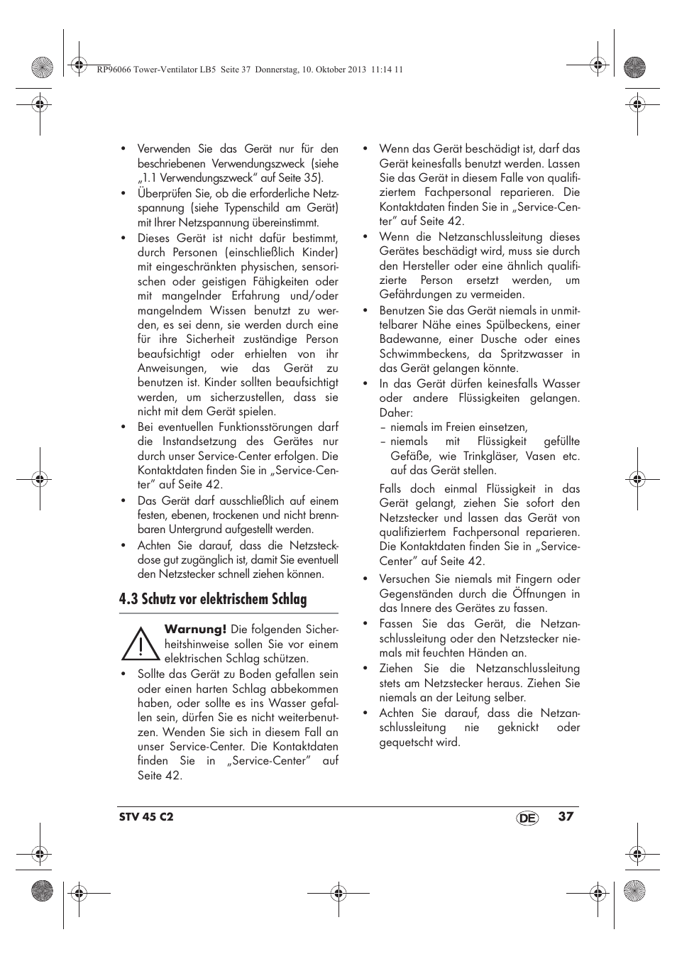 3 schutz vor elektrischem schlag | Silvercrest STV 45 C2 User Manual | Page 39 / 46