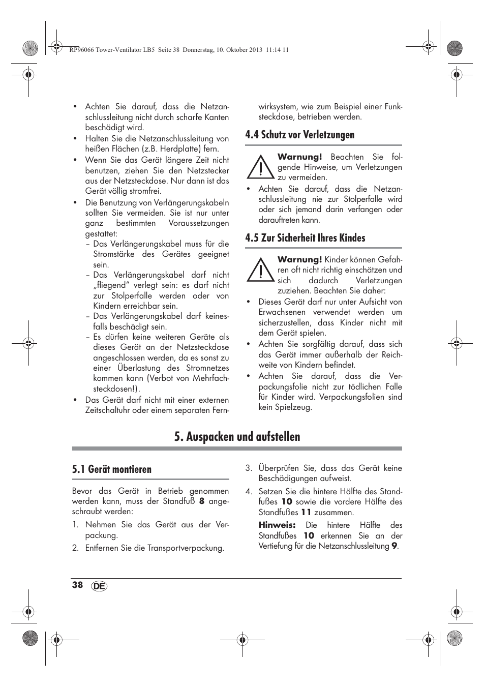 Auspacken und aufstellen, 4 schutz vor verletzungen, 5 zur sicherheit ihres kindes | 1 gerät montieren | Silvercrest STV 45 C2 User Manual | Page 40 / 46