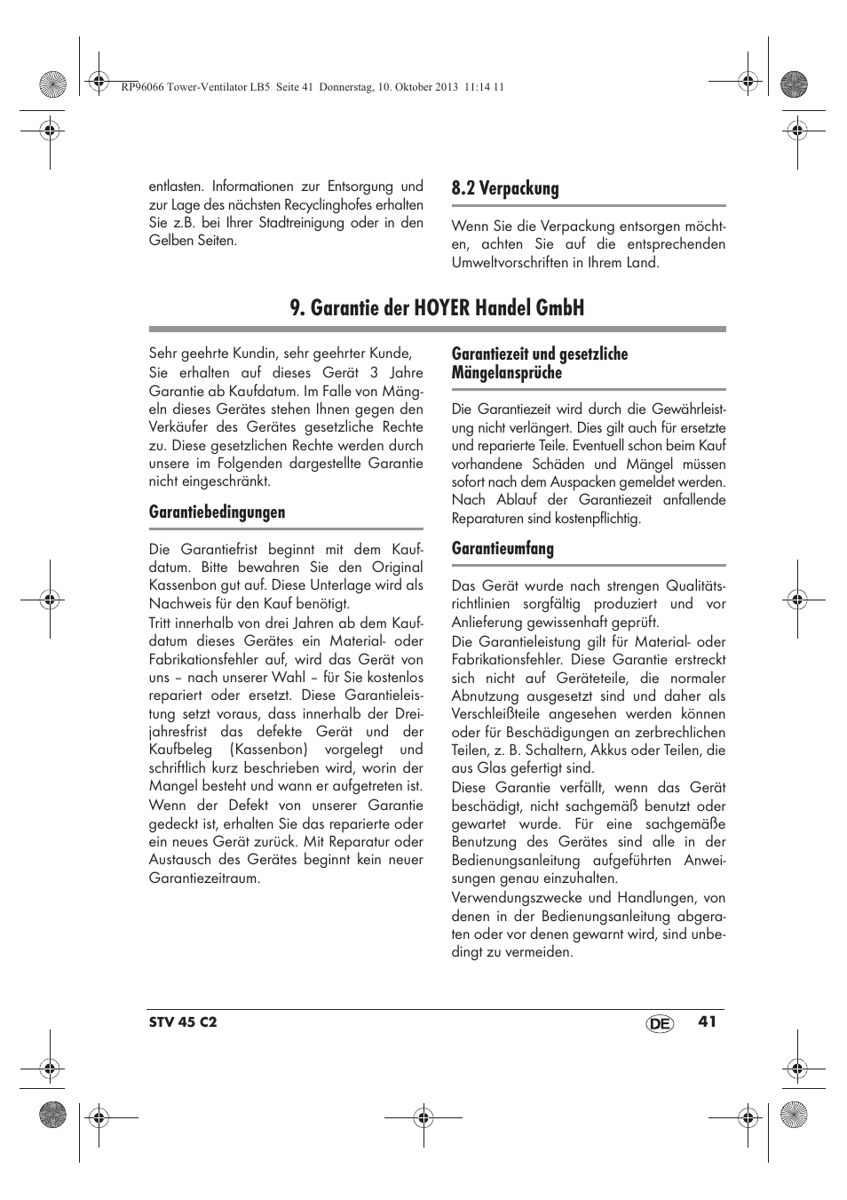 Garantie der hoyer handel gmbh, 2 verpackung | Silvercrest STV 45 C2 User Manual | Page 43 / 46