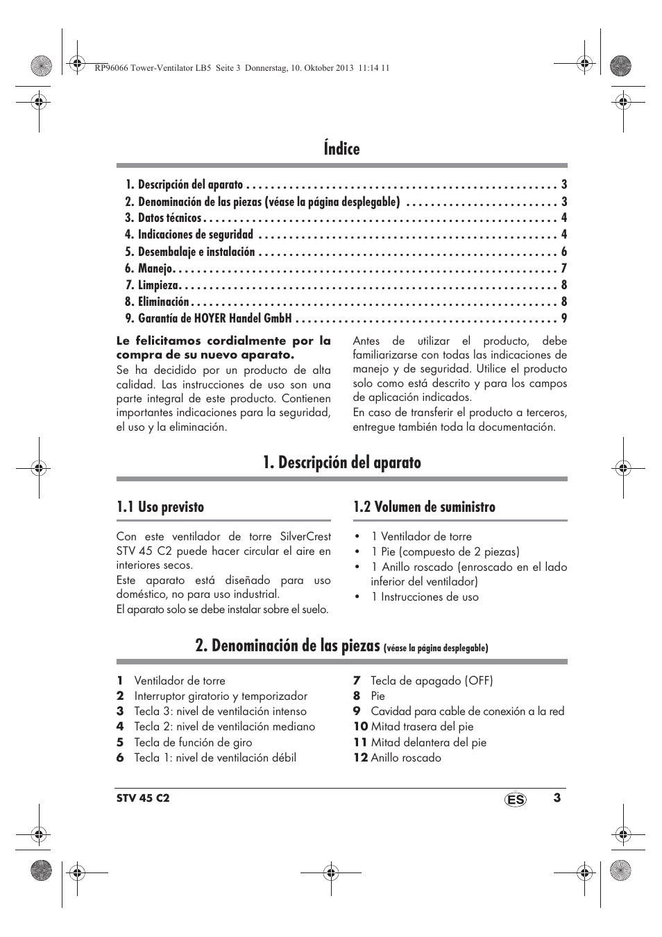 Índice, Descripción del aparato, Denominación de las piezas | Silvercrest STV 45 C2 User Manual | Page 5 / 46