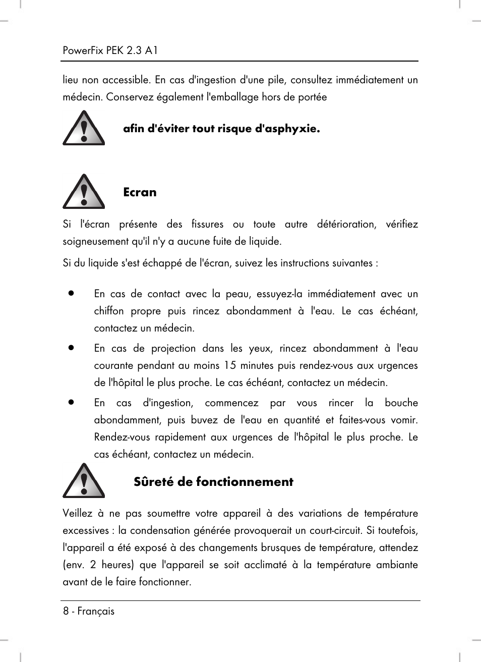 Ecran, Sûreté de fonctionnement | Silvercrest PEK 2.3 A1 User Manual | Page 10 / 58