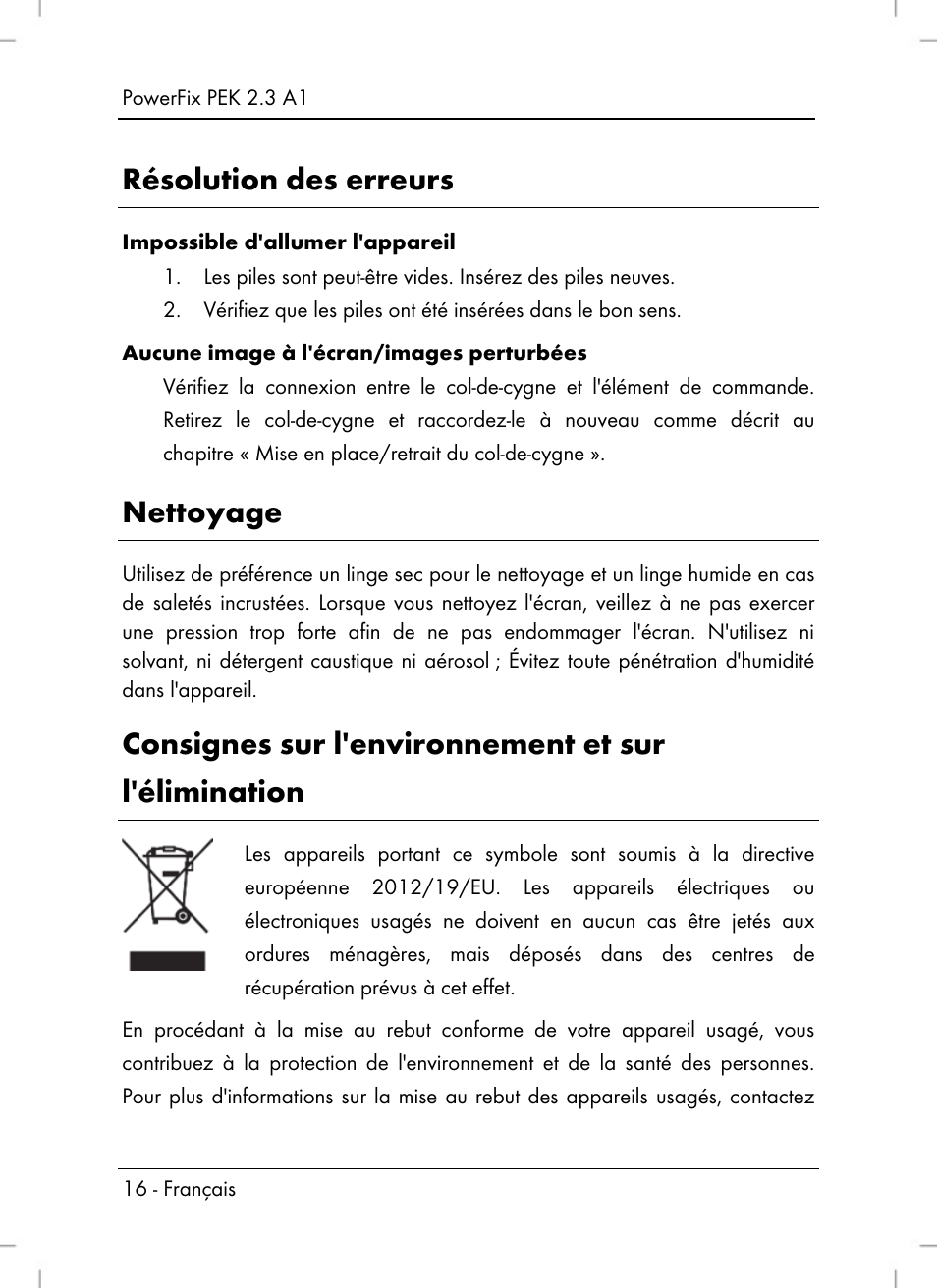 Résolution des erreurs, Nettoyage, Consignes sur l'environnement et sur l'élimination | Silvercrest PEK 2.3 A1 User Manual | Page 18 / 58