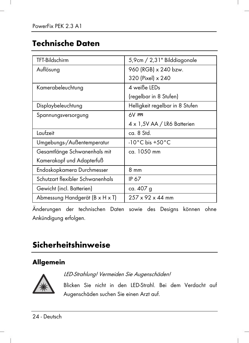 Technische daten, Sicherheitshinweise | Silvercrest PEK 2.3 A1 User Manual | Page 26 / 58
