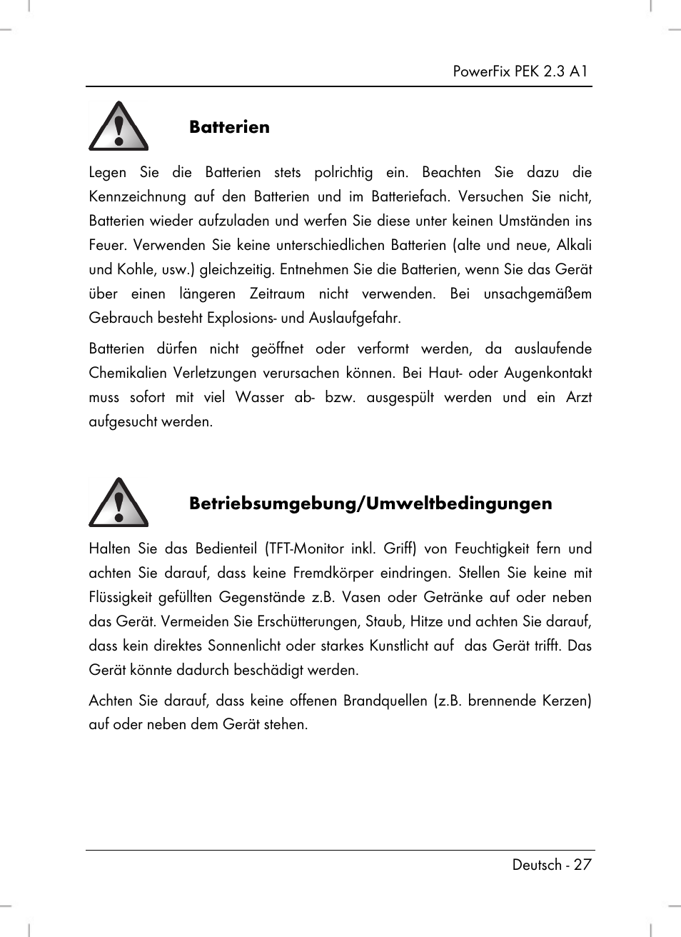 Batterien, Betriebsumgebung/umweltbedingungen | Silvercrest PEK 2.3 A1 User Manual | Page 29 / 58