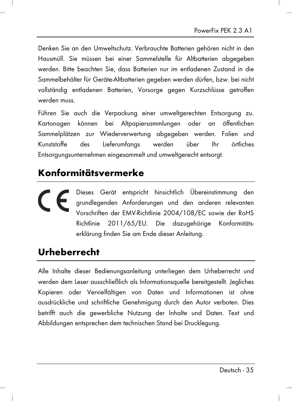 Konformitätsvermerke, Urheberrecht | Silvercrest PEK 2.3 A1 User Manual | Page 37 / 58