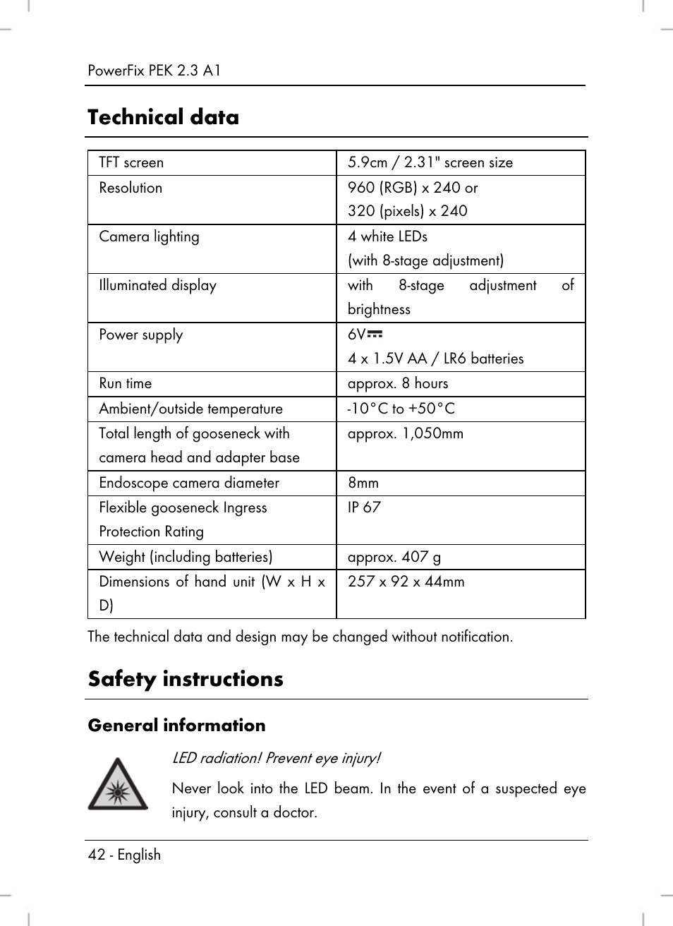 Technical data, Safety instructions, General information | Silvercrest PEK 2.3 A1 User Manual | Page 44 / 58