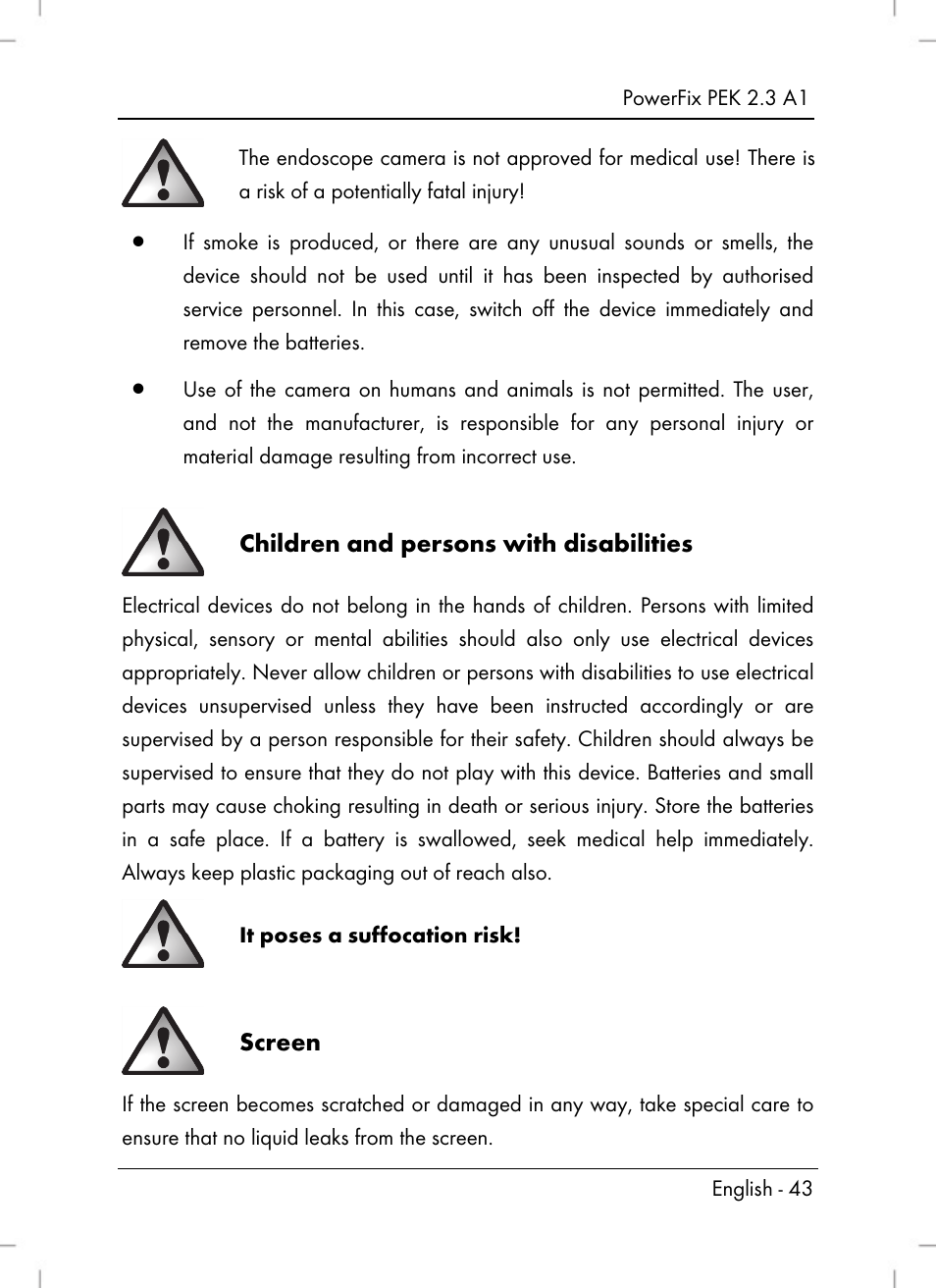 Children and persons with disabilities, Screen | Silvercrest PEK 2.3 A1 User Manual | Page 45 / 58