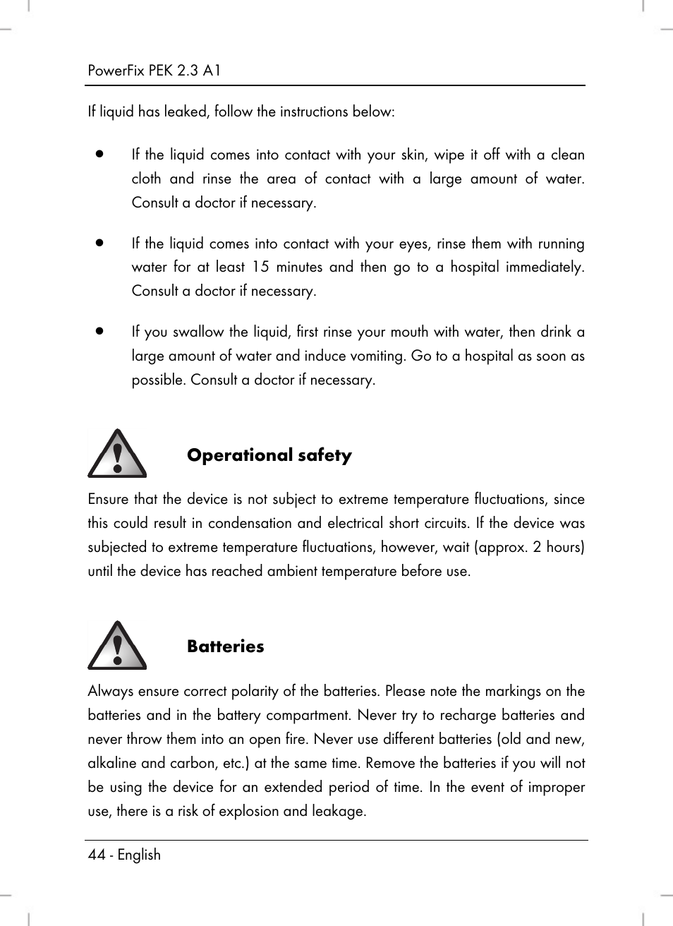 Operational safety, Batteries | Silvercrest PEK 2.3 A1 User Manual | Page 46 / 58