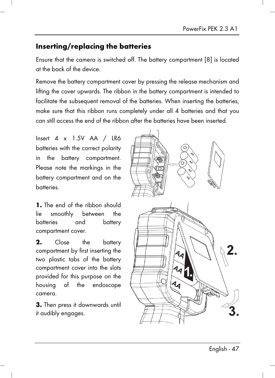 Inserting/replacing the batteries | Silvercrest PEK 2.3 A1 User Manual | Page 49 / 58